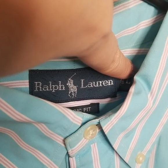 Ralph Lauren Classic Fit Men's Stripe Dress Shirt Blue/white/pink Size Large EUC - Picture 3 of 3